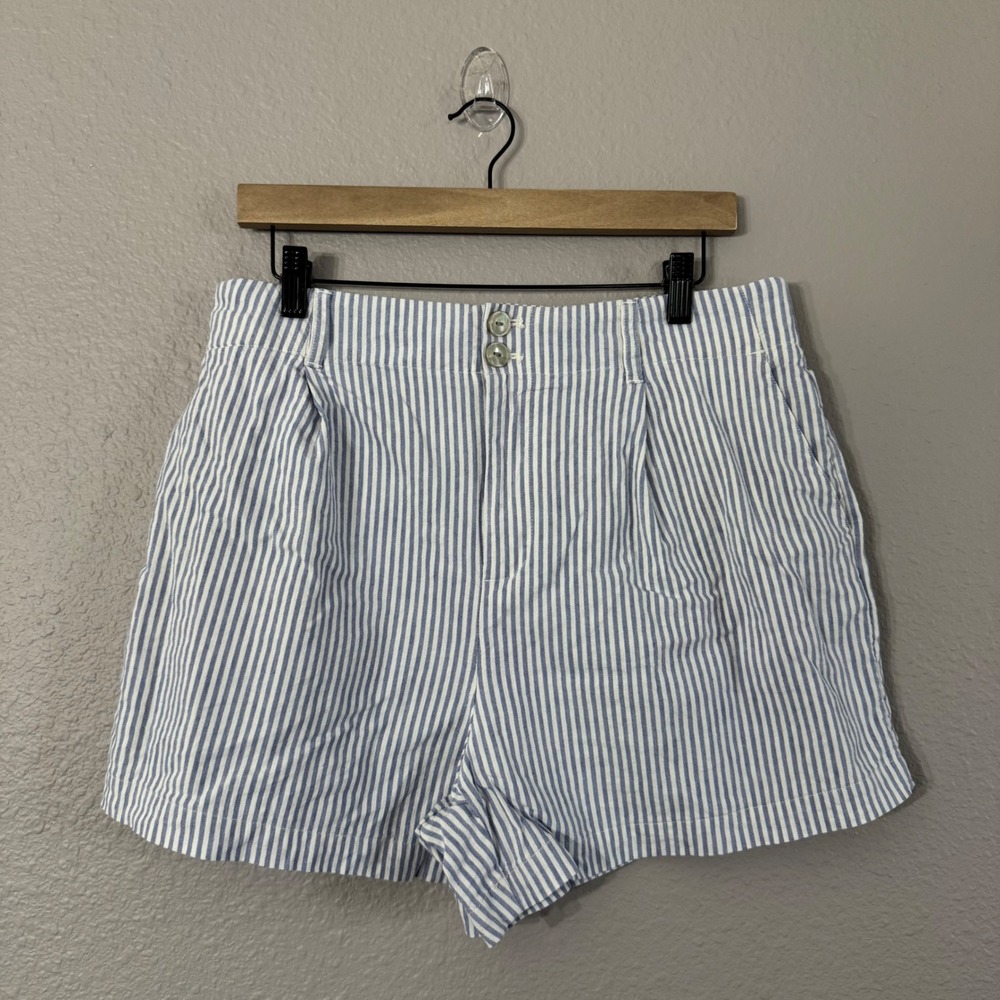 LC Lauren Conrad Size 12 Blue Striped Linen Blend Pleated High Rise Shorts